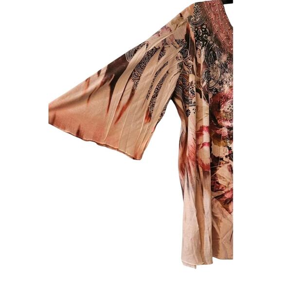 B.L.E.U WOMAN 2X Pink Floral Blouse 3/4 Flair Sleeves Embroidered Lace Beaded - Picture 3 of 11